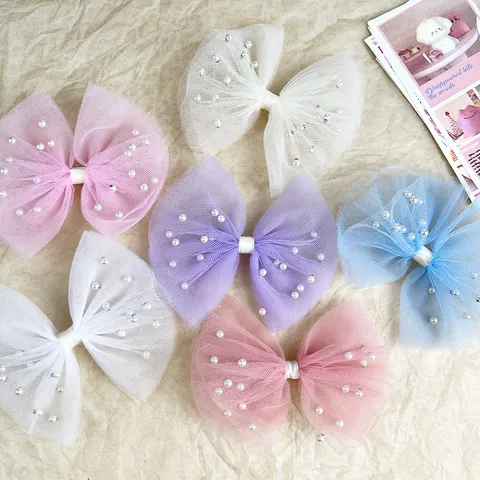 Mesh 3D Pearl Bow Hair Clip Sweet Princess Top Hair Clip For Women And Girls Stage Performance Hair Accessories