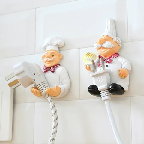 Creative Cartoon Chef Wall Hook Resin Power Cord Plug Storage Holder Cute Kitchen Adhesive Organizer Home Decor