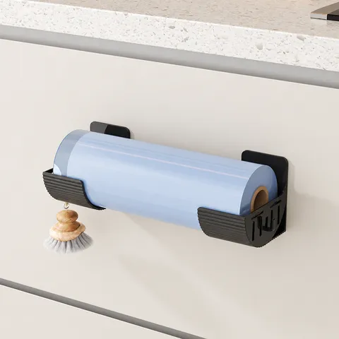 Punch-Free Kitchen Storage Rack Wall Mounted Plastic Organizer For Garbage Bags Plastic Wrap Bathroom Accessories