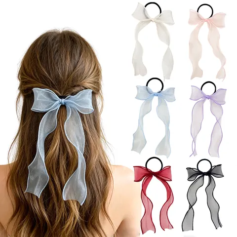 Zachte Strik Organza Haarelastiek Leuke Mesh Lange Lint Paardenstaart Houder Elastische Haartouwen Dagelijkse Haaraccessoires Voor Dames