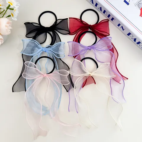 Zachte Strik Organza Haarelastiek Leuke Mesh Lange Lint Paardenstaart Houder Elastische Haartouwen Dagelijkse Haaraccessoires Voor Dames