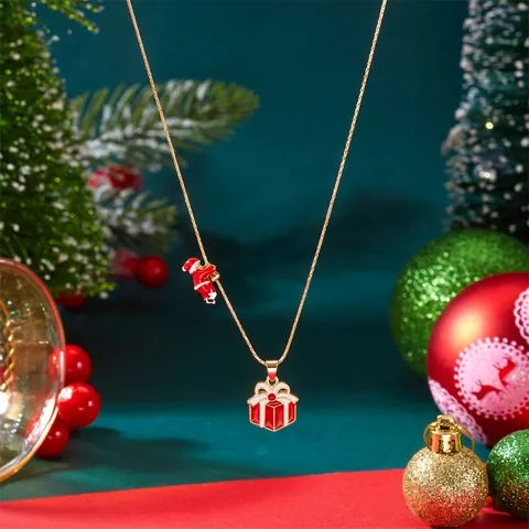 Collana con Pendente a Forma di Tazza di Tè di Babbo Natale e Mamma Natale in Lega di Zinco Oro con Strass e Perle Artificiali per Donna Gioielli Natalizi