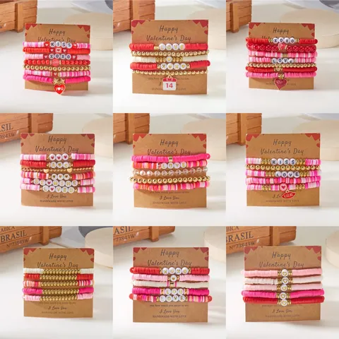 Set de Pulseras Boho de Arcilla Polimérica Cuentas Heishi para Mujer Romántico Rosa Cuentas de Letras Elástico Multicapa Colgante Corazón Joyería San Valentín