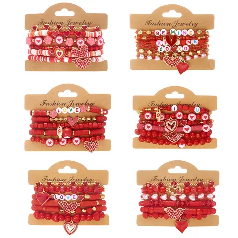 Pulseras Apilables de Arcilla Polimérica con Corazón y Flores para Mujer Regalo de San Valentín Joyería de Aleación y Strass
