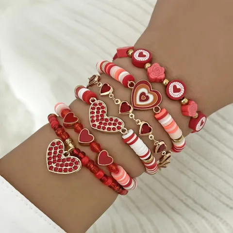 Pulseras Apilables de Arcilla Polimérica con Corazón y Flores para Mujer Regalo de San Valentín Joyería de Aleación y Strass