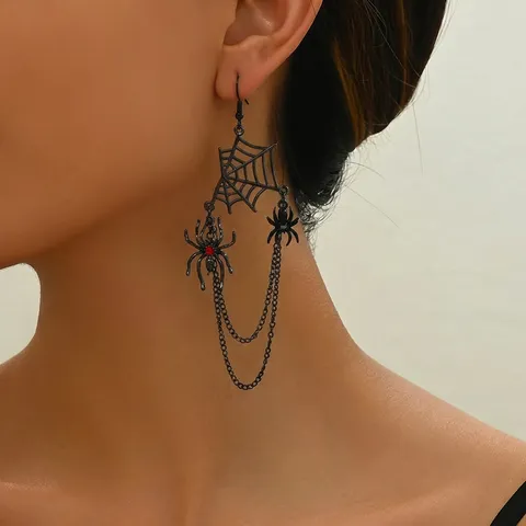 Boucles d'Oreilles Tassel Creuses en Toile d'Araignée d'Halloween Punk Gothique Alliage Noir Strass Rouge Boucles d'Araignée Bijoux de Fête