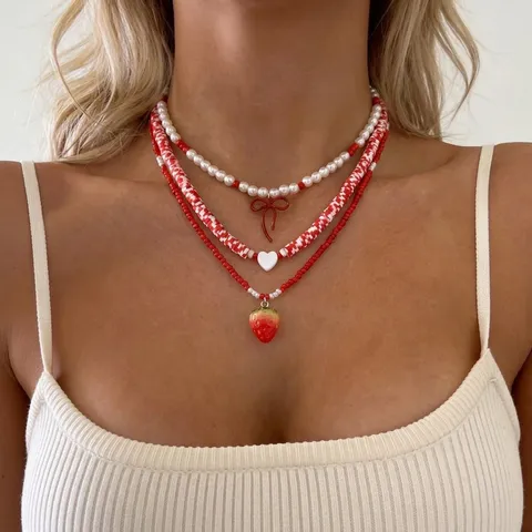 Boho Legierung Künstliche Perle Kirsche Erdbeere Herz Anhänger Halskette Set Damen Süß Frisch Mehrlagiger Schmuck Geschenk