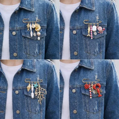 Vintage Alloy Ocean Theme Safety Pin Brooch Gold Plated Starfish Artificial Pearl Shell Fish Lobster Snail Brooch For Women Vacation Jewelry