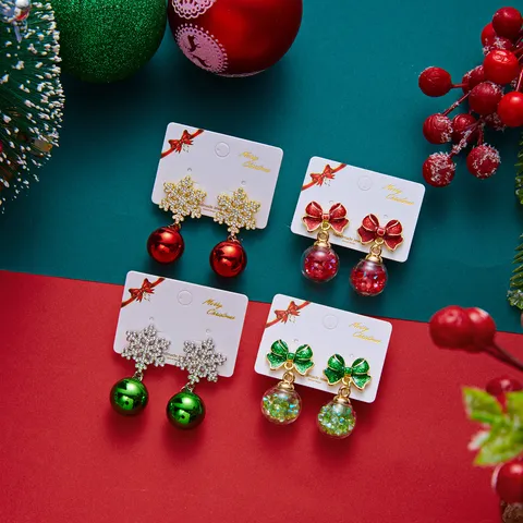 Christmas Ribbon Bow Snowflake Crystal Ball Dangle Earrings Alloy Rhinestone Stainless Steel Earrings For Women Holiday Party Jewelry