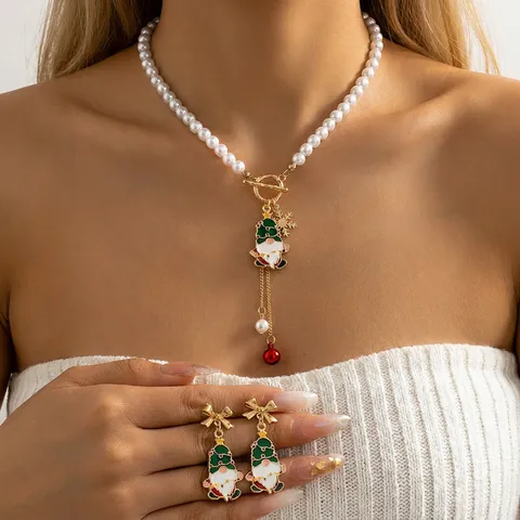 Set di Gioielli Natalizi Collana di Perle Artificiali Orecchini Bracciale Babbo Natale Pupazzo di Neve Lega Strass Donna Regalo