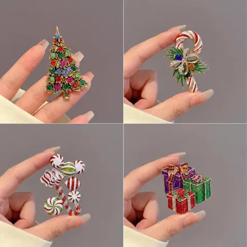 Broche en Strass Sapin de Noël Canne en Sucre Boîte Cadeau Épingle Alliage de Zinc Émail Broche Festive pour Costume Veste Manteau Fête Bijoux Cadeau