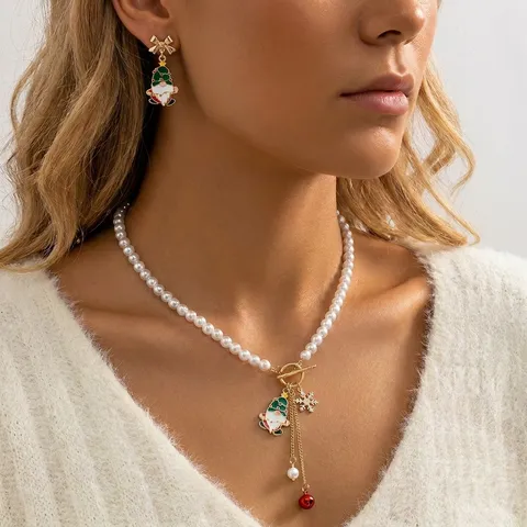 Set di Gioielli Natalizi Collana di Perle Artificiali Orecchini Bracciale Babbo Natale Pupazzo di Neve Lega Strass Donna Regalo