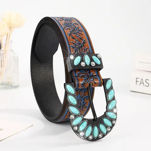 Vintage Bohemian Floral Embossed PU Leather Belt Women Western Ethnic Style Large Alloy Turquoise Buckle Waistband Accessory