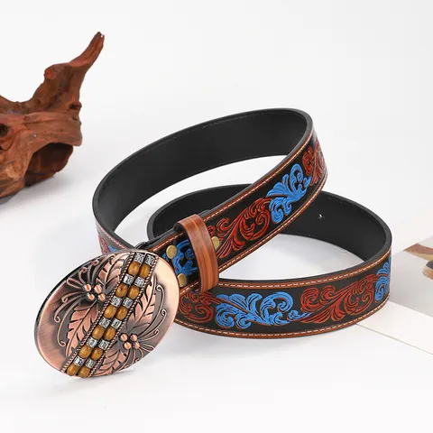 Vintage Ethnic Carved PU Leather Belt For Women Western Cowboy Alloy Turquoise Buckle Embossed Waist Belt Daily Accessory