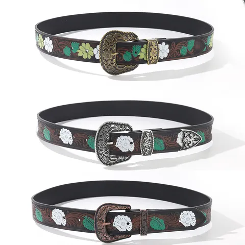 Bohemian Vintage PU Leather Belt For Women Carved Alloy Pin Buckle Distressed Western Cowboy Floral Embossed Waist Belt Accessories