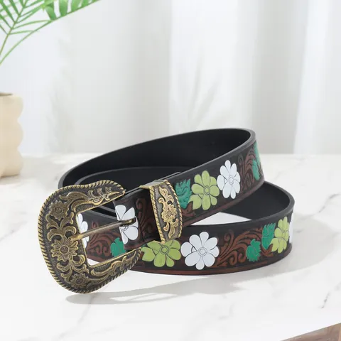 Bohemian Vintage PU Leather Belt For Women Carved Alloy Pin Buckle Distressed Western Cowboy Floral Embossed Waist Belt Accessories