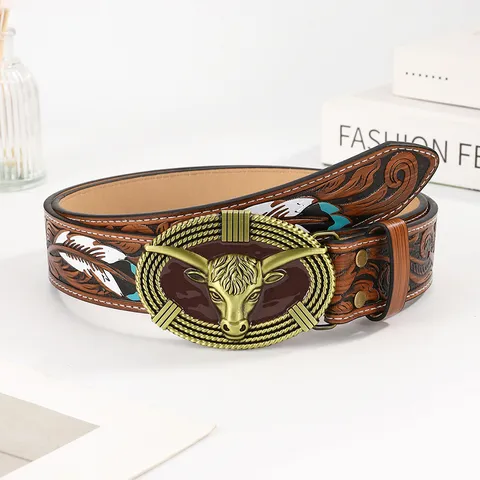 Amerikanischer Vintage Western PU Leder Gürtel Für Damen Y2K Subkultur Blumenprägung Große Stierkopf Schnalle Türkis Strass Boho Gürtel