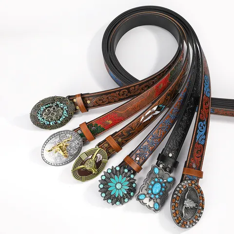 Amerikanischer Vintage Western PU Leder Gürtel Für Damen Y2K Subkultur Blumenprägung Große Stierkopf Schnalle Türkis Strass Boho Gürtel