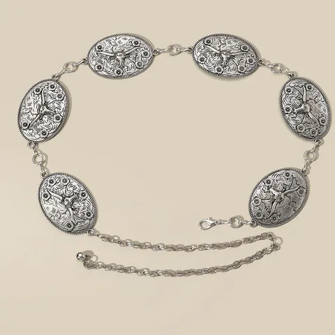Cadena de Cintura de Aleación de Zinc con Cabeza de Toro Tallada Vintage Cinturón de Metal Bohemio Étnico Ajustable para Mujer