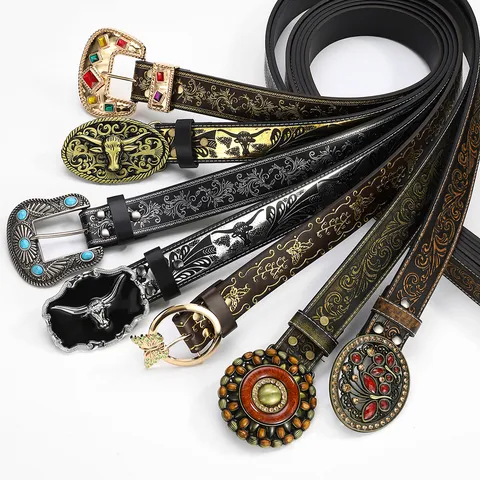 Western Cowboy Belt Vintage Embossed PU Leather Belt For Women Men Retro Punk Style Large Alloy Buckle Waistband For Jeans
