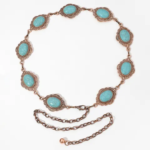 Bohemian Vintage Metal Chain Belt For Women Adjustable Waist Chain Dress Accessory Floral Turquoise Inlaid Link Belt