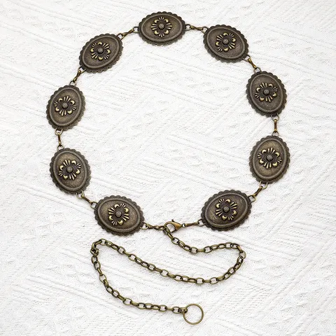Bohemian Vintage Metal Chain Belt For Women Adjustable Waist Chain Dress Accessory Floral Turquoise Inlaid Link Belt