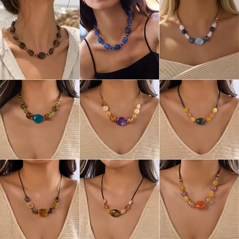 Boho Vintage Unregelmäßige Acryl Perlenkette Für Damen Mehrfarbige Sondergeformte Harzperlen Schlüsselbein Kette Schmuck Zubehör
