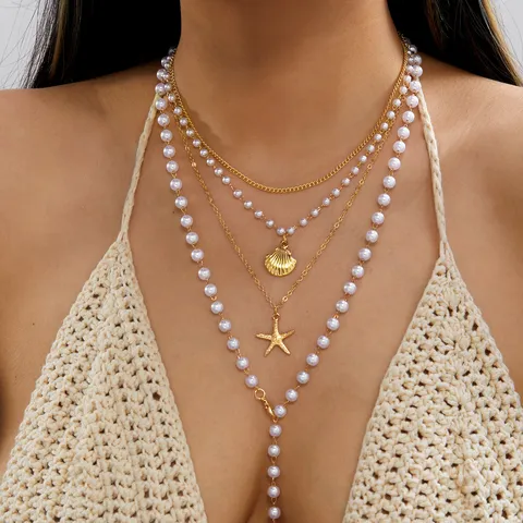 Set di Collana e Orecchini con Perline e Conchiglie Bohémien Gioielli per Vacanze al Mare Lega Perla Artificiale Ciondolo Choker Donna
