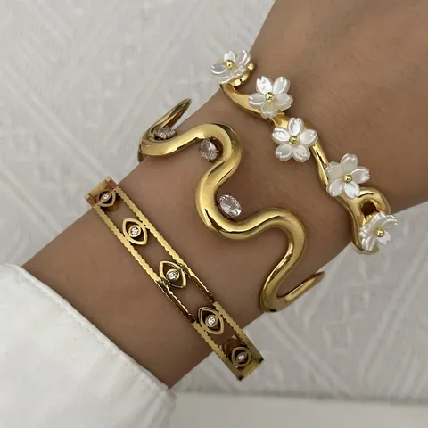 Edelstahl Armreif Für Damen Vergoldet Wellenförmig Geometrisch Armband Tropföl Quadratgitter Böser Blick Floral Strass Schmuck Zubehör