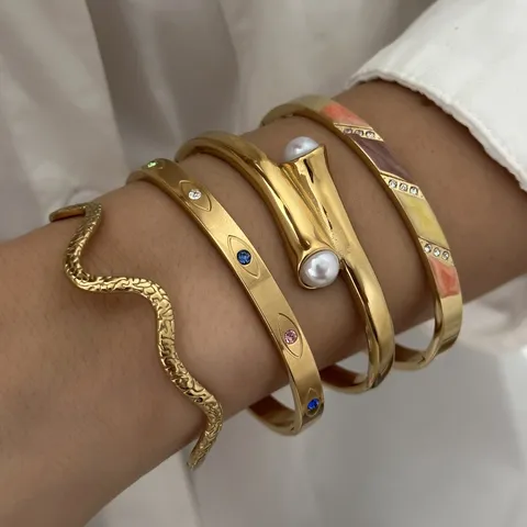 Vintage Roestvrij Stalen Armring Set Voor Dames Luxe Onregelmatige Geometrische Strass Kunstparel Boze Oog Slangenprint Emaille Open Armband Sieraden