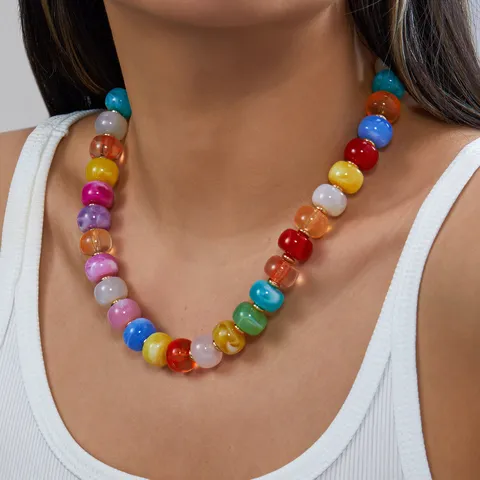 Collana Girocollo Fatta a Mano con Perline in Resina Acrilica Colorata Texture Finta Giada Ciondolo a Cuore Geometrico Rotondo per Donne Regalo Casual