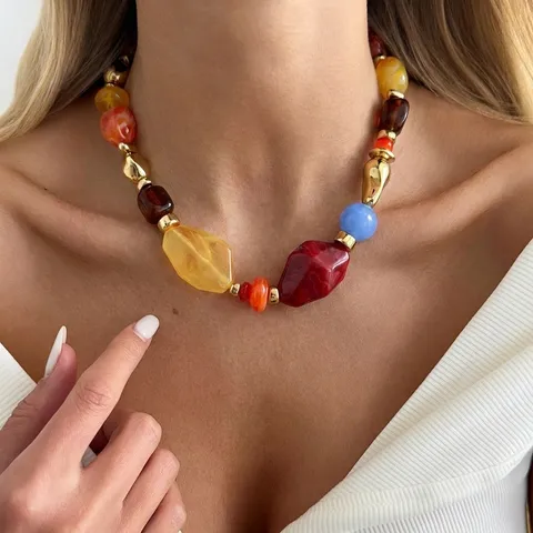 Bohemian Multicolor Ink Tie Dye Acrylic Resin Beaded Choker Necklace Irregular Geometric Alloy Artificial Pearl Clasp Collar Chain For Women Vacation Jewelry Gift