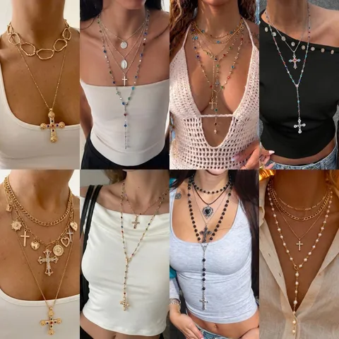 Vintage Mehrlagige Kreuz Anhänger Halskette Für Damen Legierung Strass Künstliche Perle Punk Stil Halsschmuck