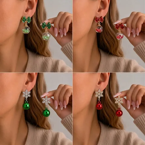 Christmas Ribbon Bow Snowflake Crystal Ball Dangle Earrings Alloy Rhinestone Stainless Steel Earrings For Women Holiday Party Jewelry