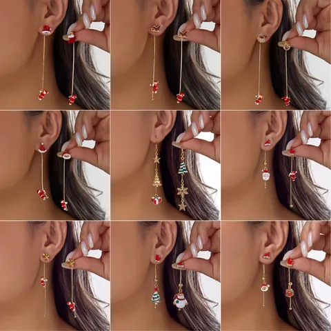 Asymmetric Christmas Earrings Santa Claus Christmas Tree Snowman Ghost Cat Alloy Rhinestone Enamel Drop Earrings For Women Jewelry