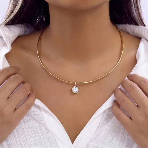 Collana Girocollo in Acciaio Inossidabile Oro Moda Europea per Donna Ciondolo Minimalista in Zirconia a Goccia d'Acqua Tonda
