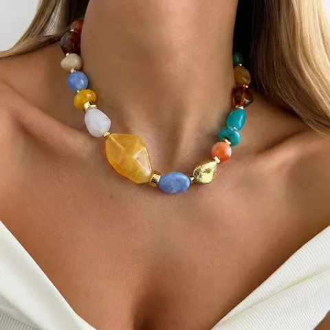 Bohemian Multicolor Ink Tie Dye Acrylic Resin Beaded Choker Necklace Irregular Geometric Alloy Artificial Pearl Clasp Collar Chain For Women Vacation Jewelry Gift