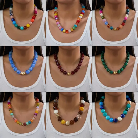 Collana Girocollo Fatta a Mano con Perline in Resina Acrilica Colorata Texture Finta Giada Ciondolo a Cuore Geometrico Rotondo per Donne Regalo Casual