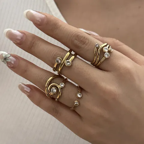 Französischer Vintage Edelstahl Offener Ring Für Damen Luxus Geometrische Linien Strass Gold Vergoldet Verstellbarer Mode Ring