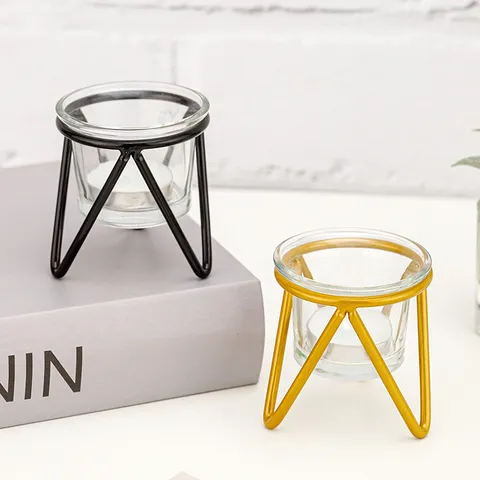 Modern Minimalist Geometric Metal Wire Candlestick Holder with Clear Glass Cup and Tea Light for Wedding Home Decor