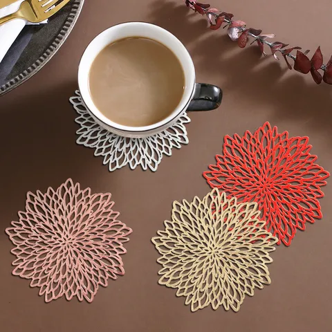 Hollow Flower Round PVC Coaster Creative Anti-Scald Heat Insulation Coffee Cup Mat Table Mat Home Kitchen Dining Decor