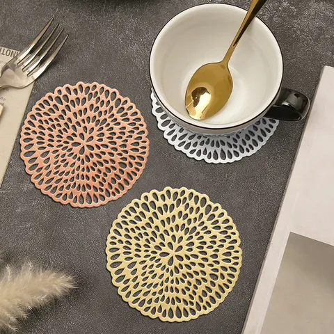 Hollow Out Bronzing PVC Coaster And Placemat Heat Resistant Waterproof Round Cup Mat Table Decor