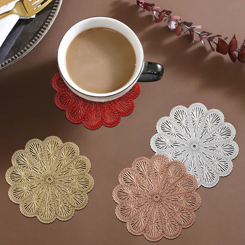 Hollow Flower Round PVC Coaster Heat Insulation Placemat For Coffee Cup Wine Glass Home Kitchen Table Decoration