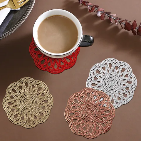 Decorative Hollow Floral PVC Coaster Heat Insulation Round Coffee Cup Mat Placemat Ins Style Dining Table Decor
