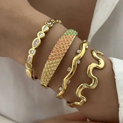Edelstahl Armreif Für Damen Vergoldet Wellenförmig Geometrisch Armband Tropföl Quadratgitter Böser Blick Floral Strass Schmuck Zubehör