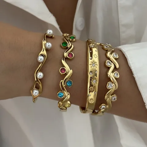 Vintage Roestvrij Stalen Armring Set Voor Dames Luxe Onregelmatige Geometrische Strass Kunstparel Boze Oog Slangenprint Emaille Open Armband Sieraden