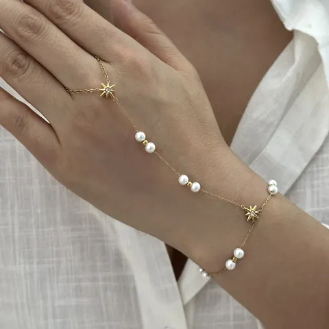 Bracelet Bague Intégré en Acier Inoxydable Élégant Plaqué Or Avec Strass Perle Artificielle Étoile Pendentif Bijoux pour Femmes