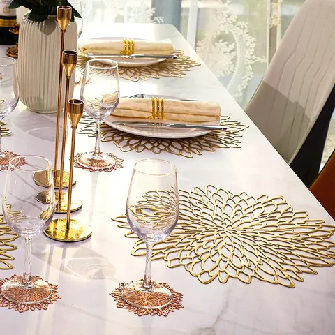Modern Minimalist PVC Round Placemat Heat Resistant Waterproof Hollow Out Dahlia Table Mat For Dining Room Home Hotel