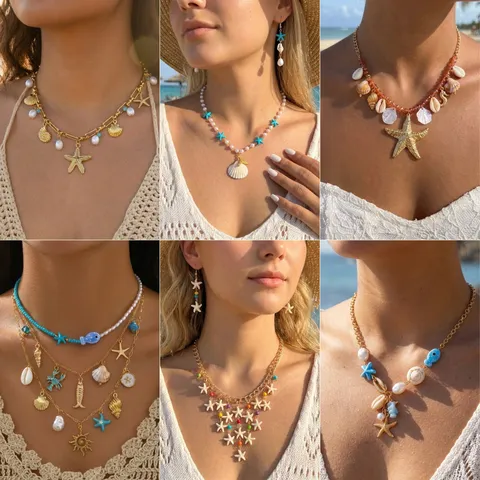 Set di Collana e Orecchini con Perline e Conchiglie Bohémien Gioielli per Vacanze al Mare Lega Perla Artificiale Ciondolo Choker Donna