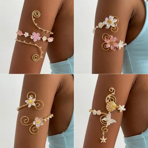 Bracciali da Braccio Floreali Bohemian Bracciali Aperti a Spirale per Donna Gioielli da Spiaggia Perla Artificiale Fiore in Resina